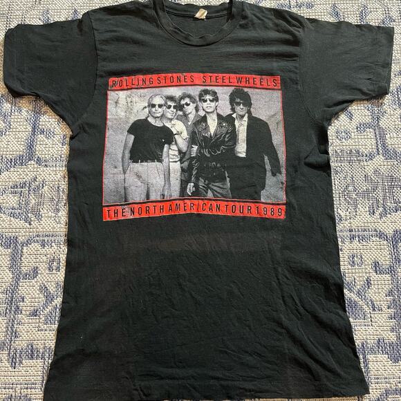 VTG 80's Rolling Stone Steel Wheels Tour Graphic Band T Shirt Black SZ XL - Picture 1 of 6